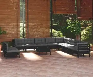 Set mobilier grădină cu perne, 12 piese, negru, lemn masiv pin