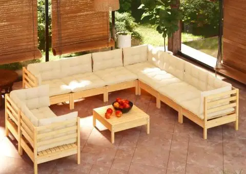Set mobilier grădină cu perne crem, 10 piese, lemn masiv de pin - 1/5