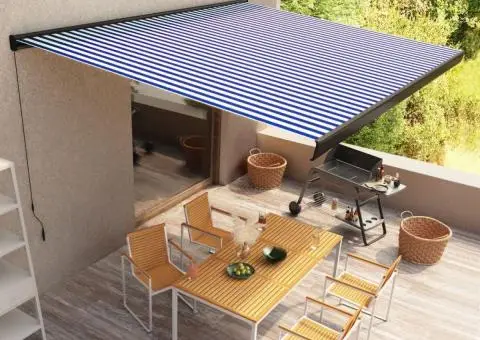 Copertină manuală tip casetă, albastru și alb, 450 x 300 cm - 1/5