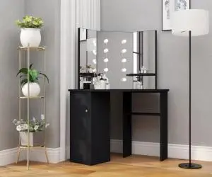 Masă de toaletă de colț, cu LED, negru, 111x54x141,5 cm