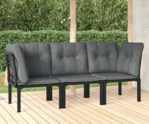 Set mobilier de grădină cu perne, 3 piese, negru/gri, poliratan