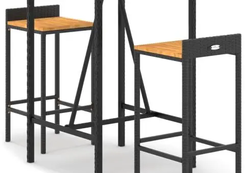 Set bar pentru grădină, 3 piese, negru, poliratan/lemn acacia - 2/5