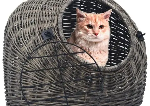 Coș transport pentru pisici, gri, 60x45x45 cm, răchită naturală - 1/5