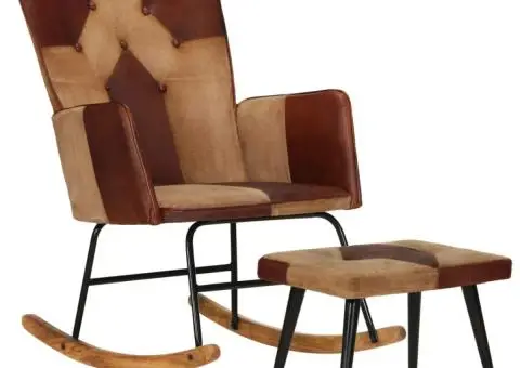 Scaun balansoar cu taburet, maro, piele naturală și pânză - 1/5