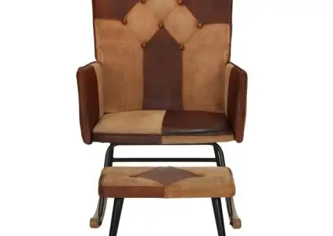 Scaun balansoar cu taburet, maro, piele naturală și pânză - 2/5