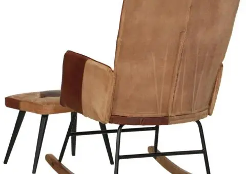 Scaun balansoar cu taburet, maro, piele naturală și pânză - 4/5