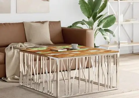 Măsuță de cafea, argintiu, oțel inoxidabil și lemn masiv acacia - 1/5