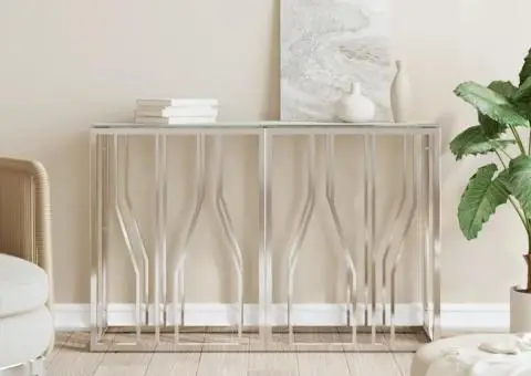 Masă consolă, argintiu, 110x30x70 cm, oțel inoxidabil și sticlă - 1/5