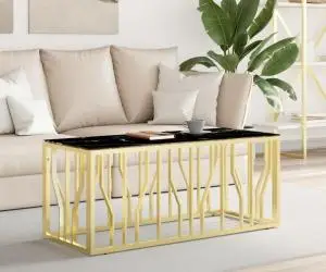vidaXL Masă de cafea, auriu, 110x45x45 cm, oțel inoxidabil și sticlă