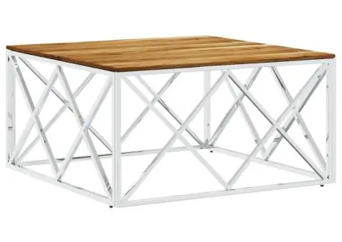 Măsuță de cafea, argintiu, oțel inoxidabil și lemn masiv acacia - 2/5