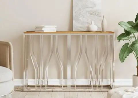 Măsuță de cafea, argintiu, oțel inoxidabil și lemn masiv acacia - 1/5