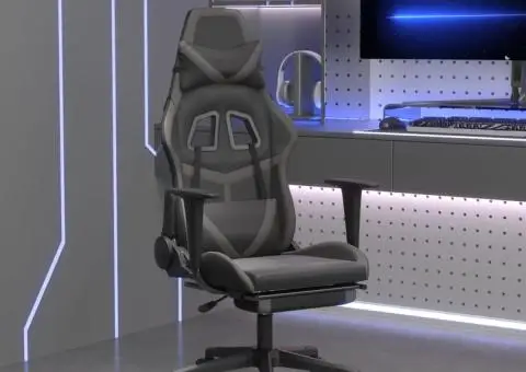 Scaun de gaming cu suport picioare, negru/gri, piele ecologică - 1/5