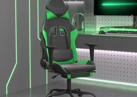 Scaun de gaming cu suport picioare negru/verde, piele ecologică - 1/5