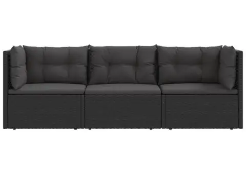 Set mobilier de grădină cu perne, 3 piese, negru, poliratan - 4/5