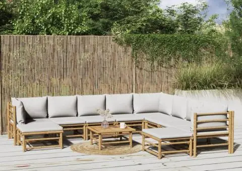 Set mobilier de grădină cu perne gri deschis, 11 piese, bambus - 1/5