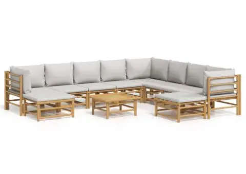 Set mobilier de grădină cu perne gri deschis, 11 piese, bambus - 2/5