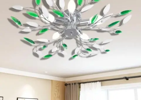 Plafoniera verde/albă, cu brațe frunze cristal acrilic, 5 becuri E14 - 1/4