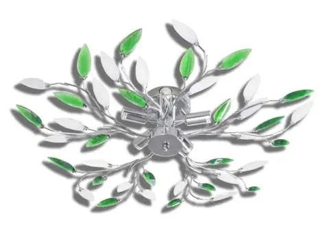 Plafoniera verde/albă, cu brațe frunze cristal acrilic, 5 becuri E14 - 2/4