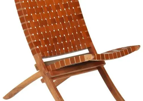 Scaun pliant împletit, maro, piele naturală - 1/5