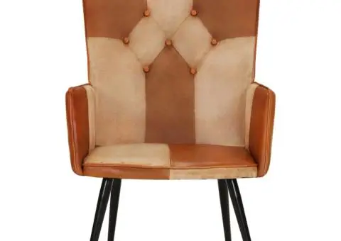 Scaun cu spătar înalt, maro și crem, piele naturală - 3/5