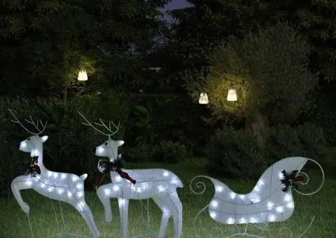 Decor de Crăciun cu reni și sanie, 60 LED-uri, alb, exterior - 1/5