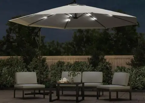 Umbrelă în consolă cu LED-uri și stâlp metalic, nisipiu, 350 cm - 3/5