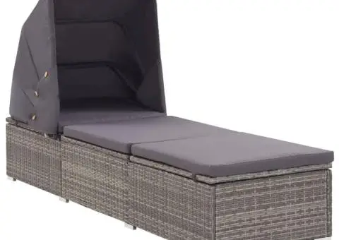Șezlong cu copertină și pernă, gri, poliratan - 1/5