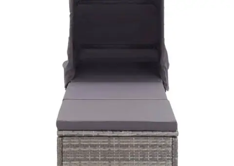 Șezlong cu copertină și pernă, gri, poliratan - 3/5