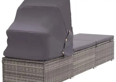 Șezlong cu copertină și pernă, gri, poliratan - 4/5