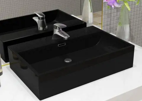Bazin cu orificiu robinet ceramică, 60,5x42,5x14,5 cm, negru - 1/5