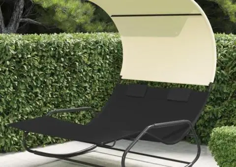 Șezlong balansoar plajă dublu/baldachin, negru/crem, textilenă - 1/5