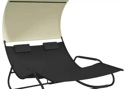 Șezlong balansoar plajă dublu/baldachin, negru/crem, textilenă - 2/5