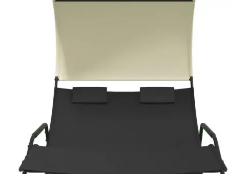 Șezlong balansoar plajă dublu/baldachin, negru/crem, textilenă - 3/5