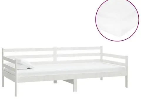 Pat de zi cu saltea, alb, 90x200 cm, lemn masiv de pin - 2/5