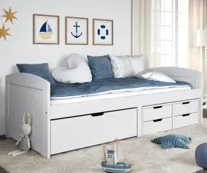vidaXL Pat de zi cu 5 sertare "IRUN", alb, 90x200 cm, lemn masiv pin