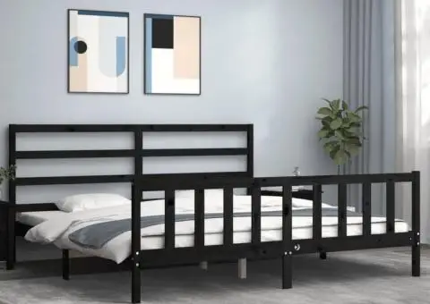 Cadru pat cu tăblie 200x200 cm, negru, lemn masiv - 1/5