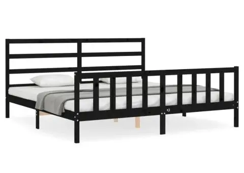 Cadru pat cu tăblie 200x200 cm, negru, lemn masiv - 2/5