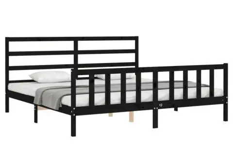 Cadru pat cu tăblie 200x200 cm, negru, lemn masiv - 3/5