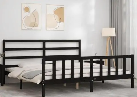 Cadru pat cu tăblie 200x200 cm, negru, lemn masiv - 4/5