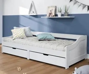 vidaXL Pat de zi cu 2 sertare "IRUN", alb, 90x200 cm, lemn masiv pin