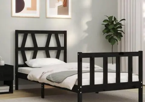 Cadru de pat cu tăblie Small Single, negru, lemn masiv - 3/5