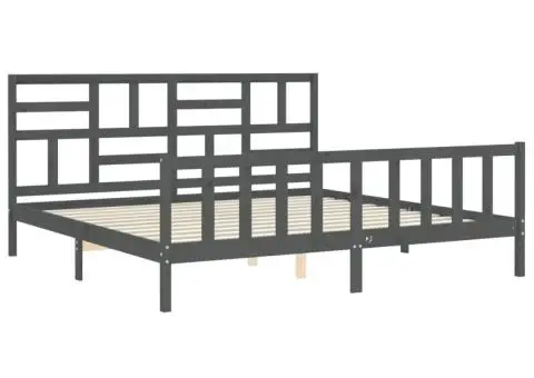 Cadru pat cu tăblie 200x200 cm, gri, lemn masiv - 5/5