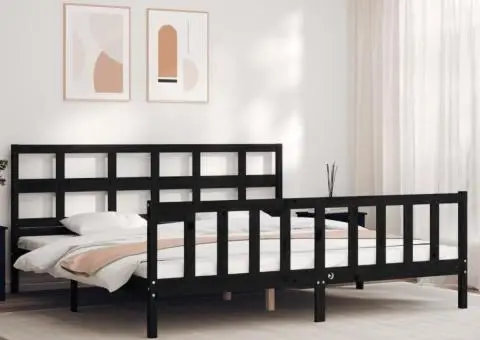 Cadru de pat cu tăblie Super King Size, negru, lemn masiv - 1/5