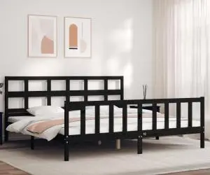 vidaXL Cadru de pat cu tăblie Super King Size, negru, lemn masiv