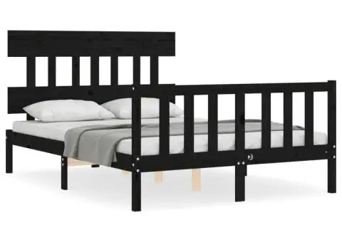 Cadru de pat cu tăblie dublu, negru, lemn masiv - 2/5