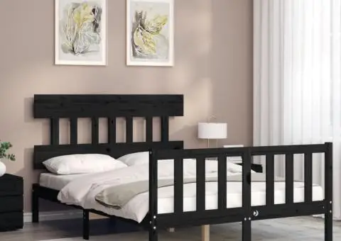 Cadru de pat cu tăblie dublu, negru, lemn masiv - 3/5