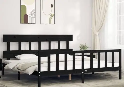 Cadru de pat cu tăblie Super King Size, negru, lemn masiv - 1/5