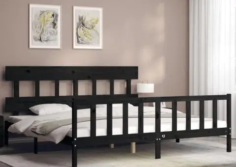 Cadru de pat cu tăblie Super King Size, negru, lemn masiv - 3/5