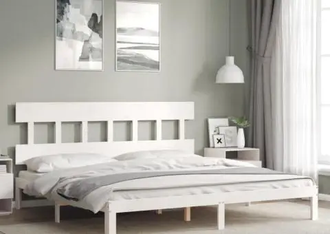 Cadru de pat cu tăblie Super King Size, alb, lemn masiv - 1/5