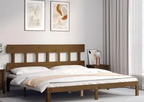 Cadru pat cu tăblie, maro miere, 200x200 cm, lemn masiv - 3/5
